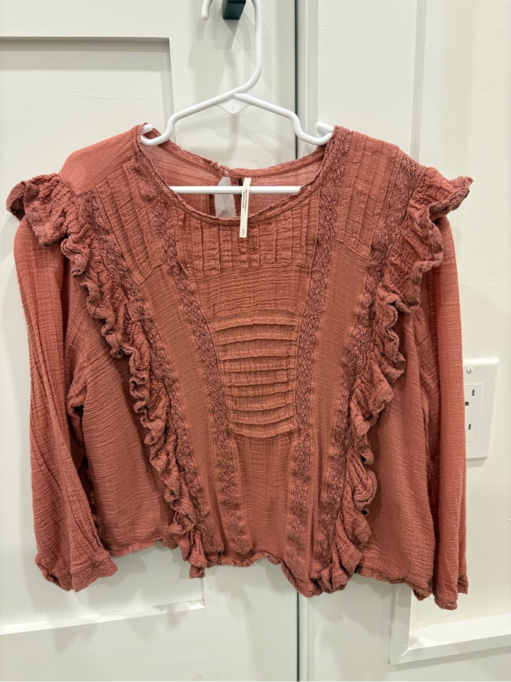 Free People Ruffle-Trim Boho Long Sleeve Top - Terracotta